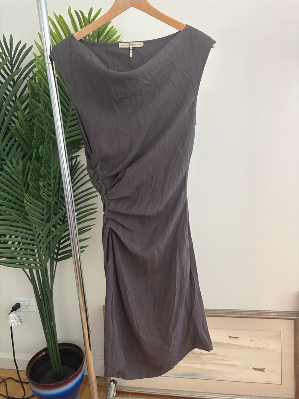 Halston Heritage Grey Smoke Ruched Midi Dress, Size 2